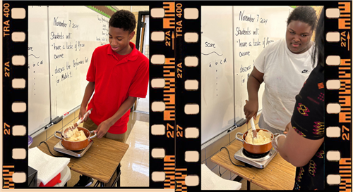 Students stirring the pounded yams.